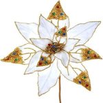 Kurt Adler C7077 White and Gold Poinsettia Pick 20-"Inches