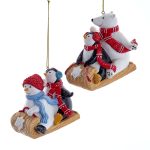 Kurt Adler E0868  Penguin & Bear, Penguin & Snowman on Sled Set of 2 Ornaments 3"