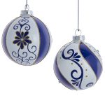 Kurt Adler GG1034  80 MM Blue and White Glass Ball Ornaments 6 Pc Set