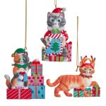 Kurt Adler J8824  3 Assorted Cats With Gift Boxes Ornaments Approx 2-3"