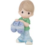 Precious Moments 232037 Mother's Day Figurine Boy W/ #1 Mom Slippers Porcelain Figurine 4.75"