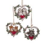 Kurt Adler E1102 Birch Berries Heart Animal Ornaments 3 Assorted 3.75"