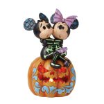 Jim Shore Disney Traditions 6016596 Mickey & Minnie Dressed As Scared Skeletons Sitting On Pumpkin LED Figurine 7.25"