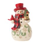 Jim Shore 6017025 Highland Glen Snowman W/ Red Hat And Holding Birdhouse For His Cardinal Friend 6.25"